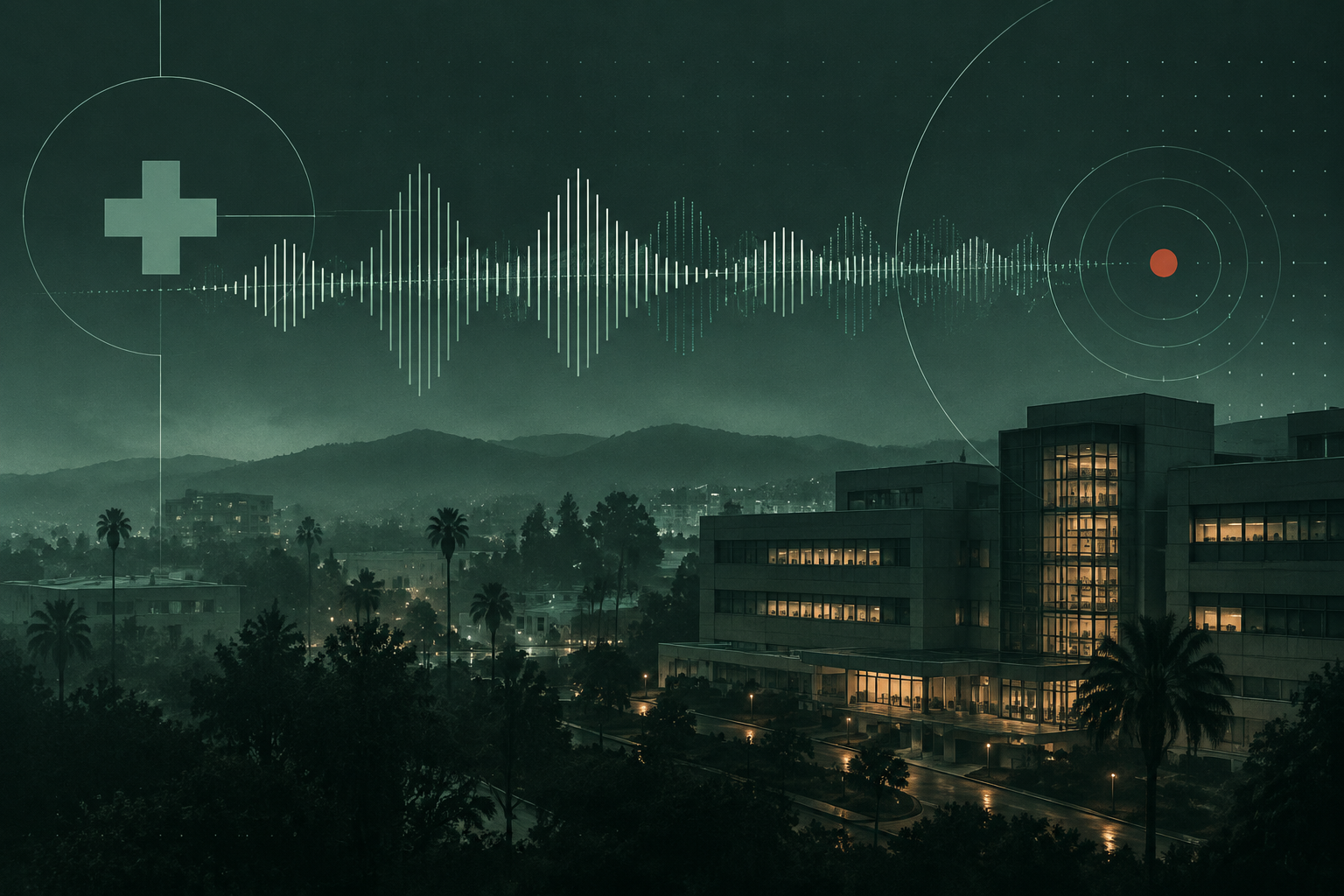 Abstract illustration of overlapping waveforms and medical symbols