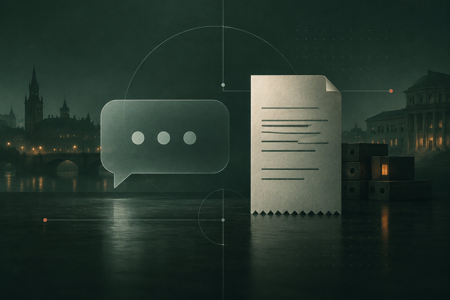 Illustration of a conversation bubble next to a receipt, representing the customer's and the organisation's records of what a chatbot said