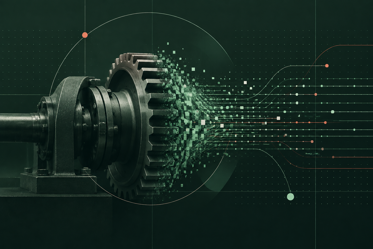 Abstract illustration showing the transition from physical machinery to software-controlled systems